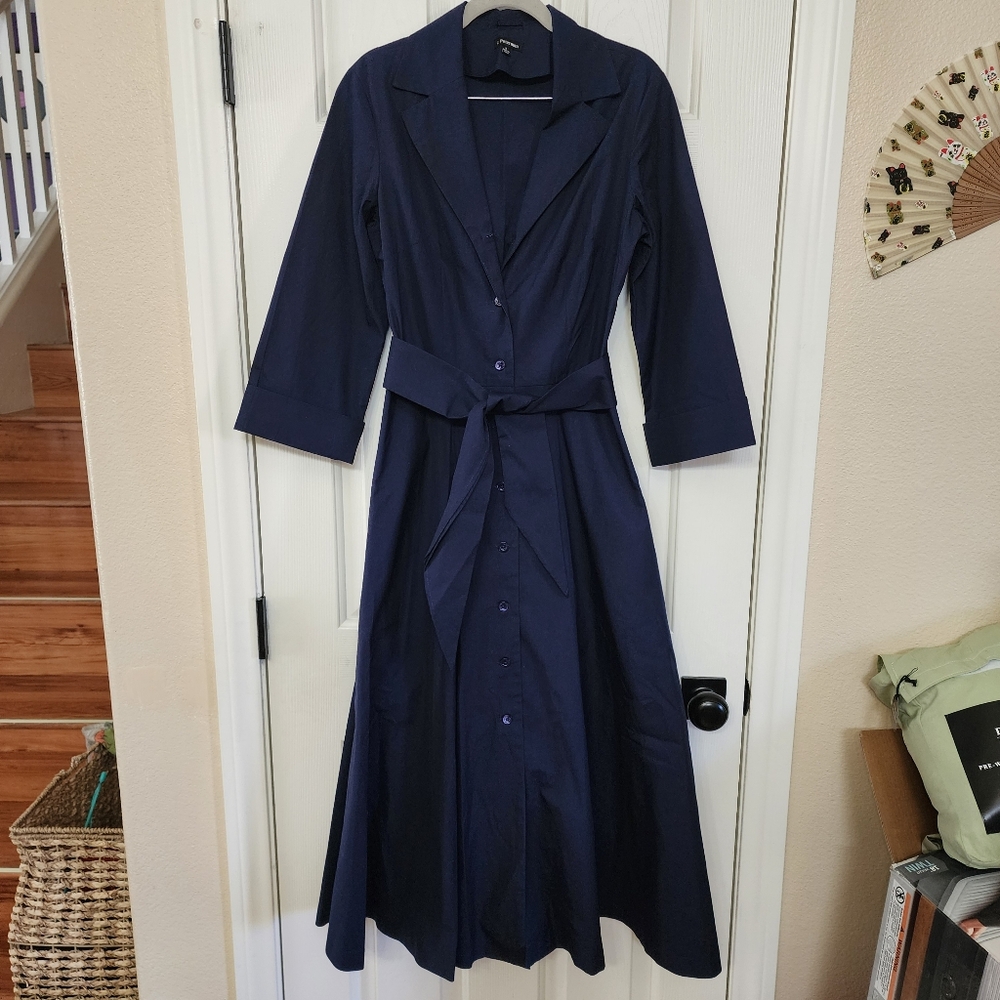 J Peterman Navy Blue Cotton Button Down tie Dress Size 8